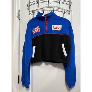 CHEMISTRY NASA Fleece Cropped 1/4 Zip Pullover Jacket Women's M American Flag